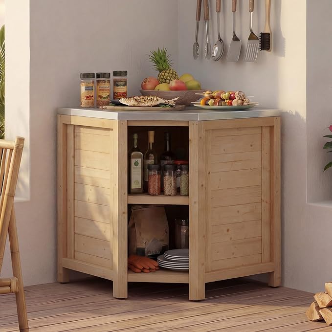 MOUMON Corner Patio Kitchen Storage Cabinet with Stainless Steel Countertop, Solid Cedar Patio Prep Table for Grilling, Outdoor Cooking Station, Oak 35.4”W x 35.4”D x 37.4”H