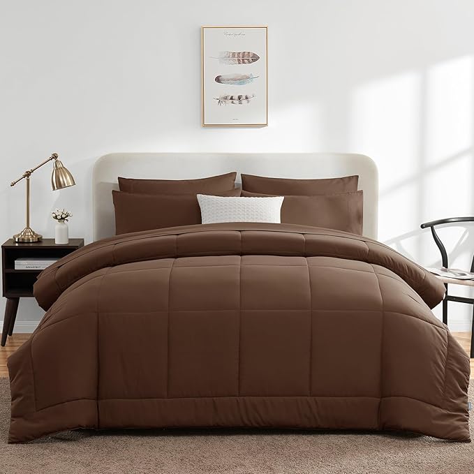 CozyLux Queen Comforter Set Brown, 7 Pieces Bed in a Bag, Brown Comforter Queen Size, All Season Bedding Sets with Stitch Quilted Comforter, Flat Sheet, Fitted Sheet, Pillowcases