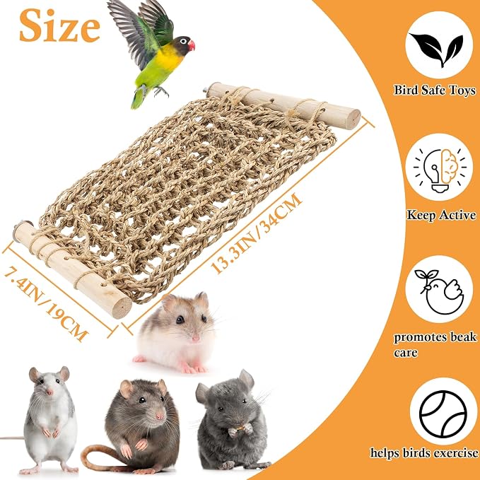 Rat Climbing Toys for Cage, Chewable Natural Hand-Woven Net Seagrass Mat, Cage Ladder Perch for Rats, Rat Ladder Bridge Toy with Mild Grassy Scent, Rodent Hammock Cage Accessories