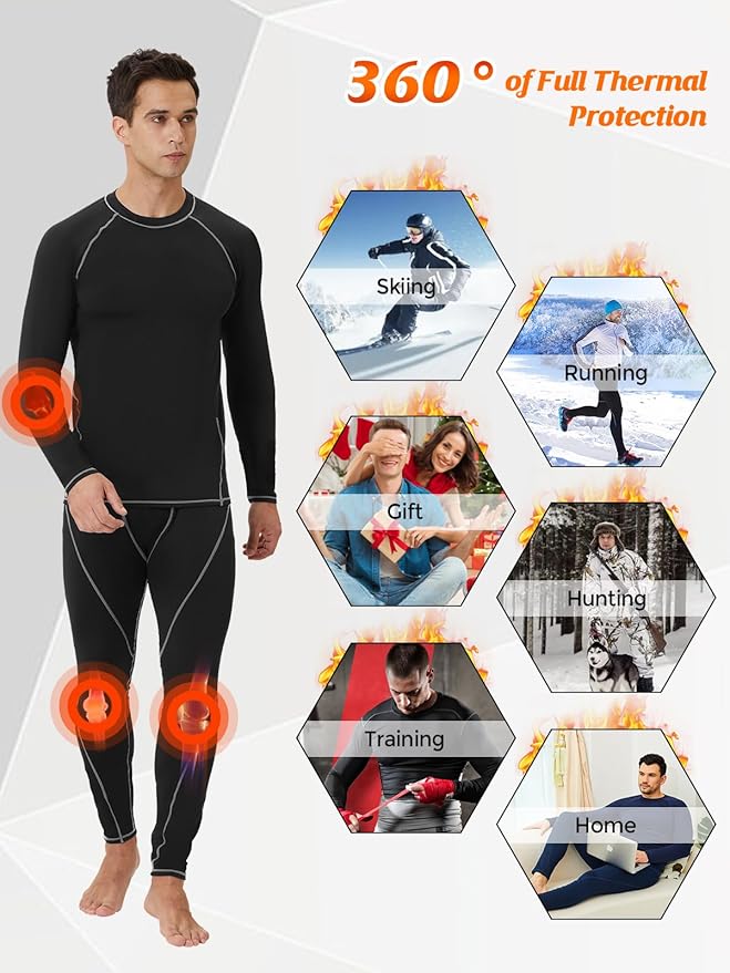 CL convallaria Thermal Underwear for Men Long Johns Fleece Lined Hunting Gear Set Base Layer for Cold Weather XS-4XL
