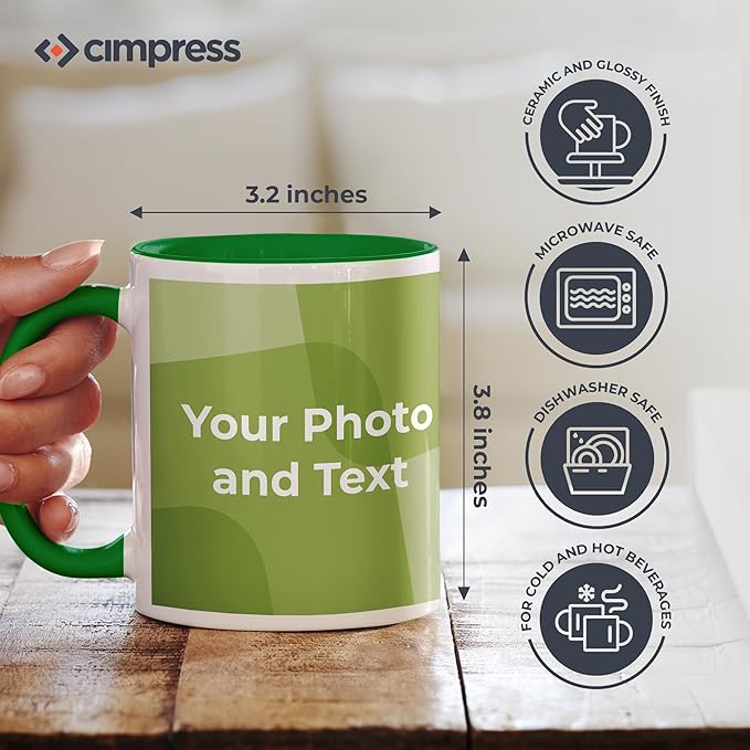 Personalized Mug, Custom Ceramic Mug with Photo and Text, 11oz, Pack of 5, Glossy Coffee Cup, Perfect for Christmas, Secret Santa or as Holiday Gift for Family or Friends, White/Green