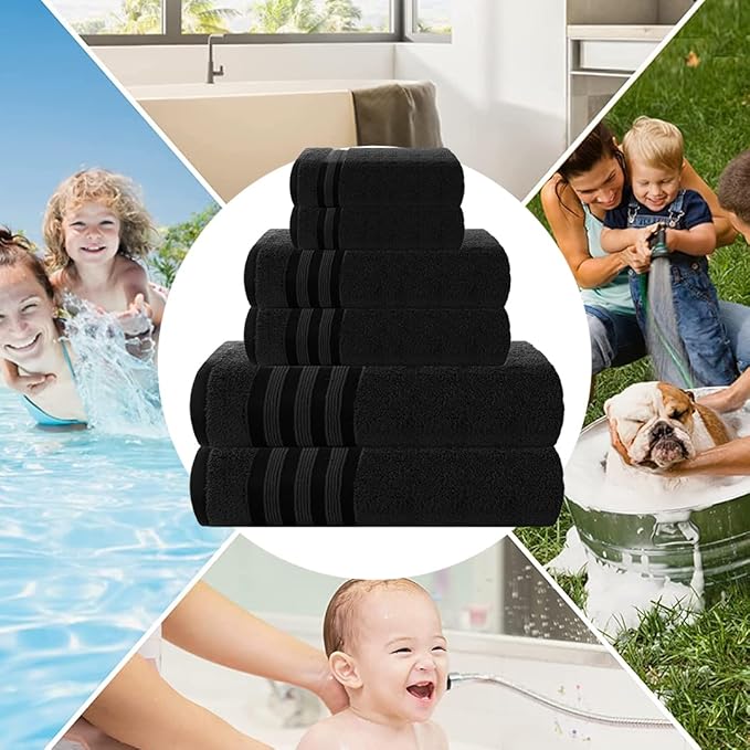 CASA COPENHAGEN Zero Twist, 6 Pieces Set 100% Cotton 0" Twist Towel Set- Black, 600 GSM, 2 Bath, 2 Hand, 2 Washcloths Made from Egyptian Cotton, Ultra Soft Luxury Towels for Bathroom.