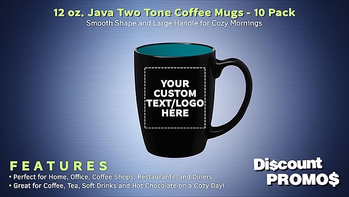 DISCOUNT PROMOS 10 Java Two Tone Coffee Mugs Set, 12 oz. - Customizable Text, Logo - Stoneware, Durable, Easy Grip - BLACKTEAL