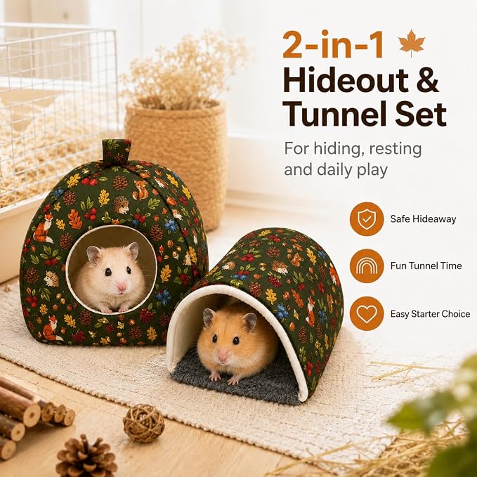 Hamster Hideout Tunnel Set, 2 Pack Washable Small Animal Bed with Removable Cushion, Cozy Play Tunnel Cage Accessories for Hamsters, Hedgehogs, Mice, Rats, Gerbils, Green Forest