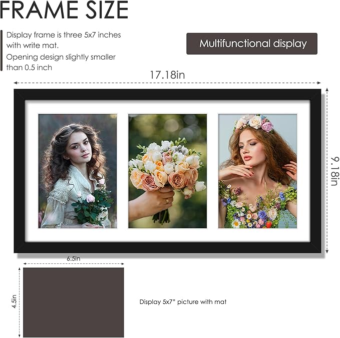 8x16 Collage Picture Frame, 5x7 Collage Picture Frame Displays Three 5x7 inch Photos, or 8x16 (Without Mat) for Available Horizontal Wall Mounting Display and Vertical, Black.