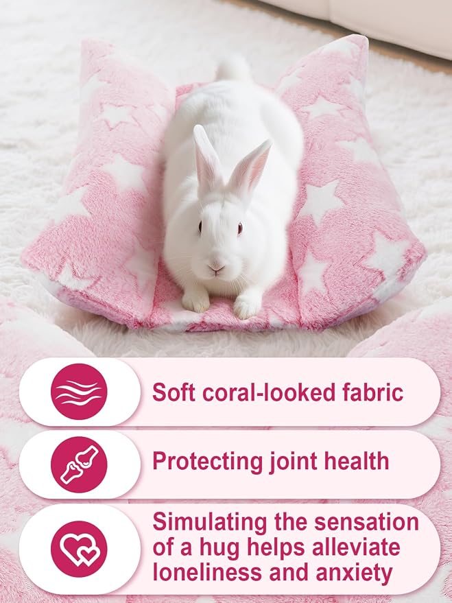 MEWTOGO 15.7" x 14" Bunny Bed for Rabbit Cage, Thickened & Soft | Prevent Sore Hocks Plush Mat with Cotton Lounger Pillows, Small Animal Flop Mat for Hutch Sleeping Indoor, Pink-Star