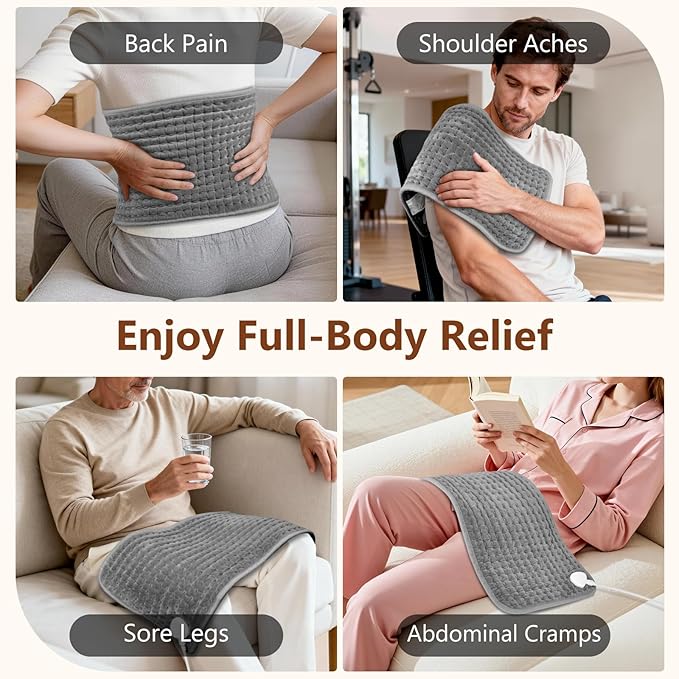 Heating Pad for Back Pain & Period Cramps Relief, 9 Heat Settings Electric Heating Pad for Neck & Shoulder, Auto Shut Off, Soft Machine Wash Fabric, Gifts for Mom, Women, 12''x24'', Gray