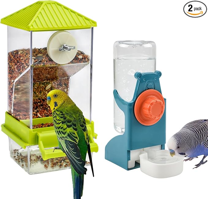 Rypet No-Mess Bird Feeder and Water Dispenser Set for Small Birds | Automatic Bird Feeder, Transparent Acrylic Food Container, Helps Reduce Seed Scatter, for Parakeet Cockatiel Parrot Canary