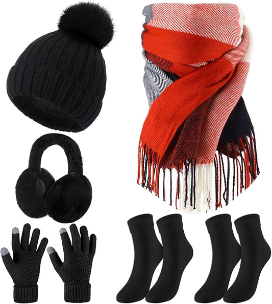Geyoga 6 Pcs Winter Hat Scarf Gloves Set Knitted Touchscreen Gloves Plaid Scarf Earmuffs Socks Gift for Women Men