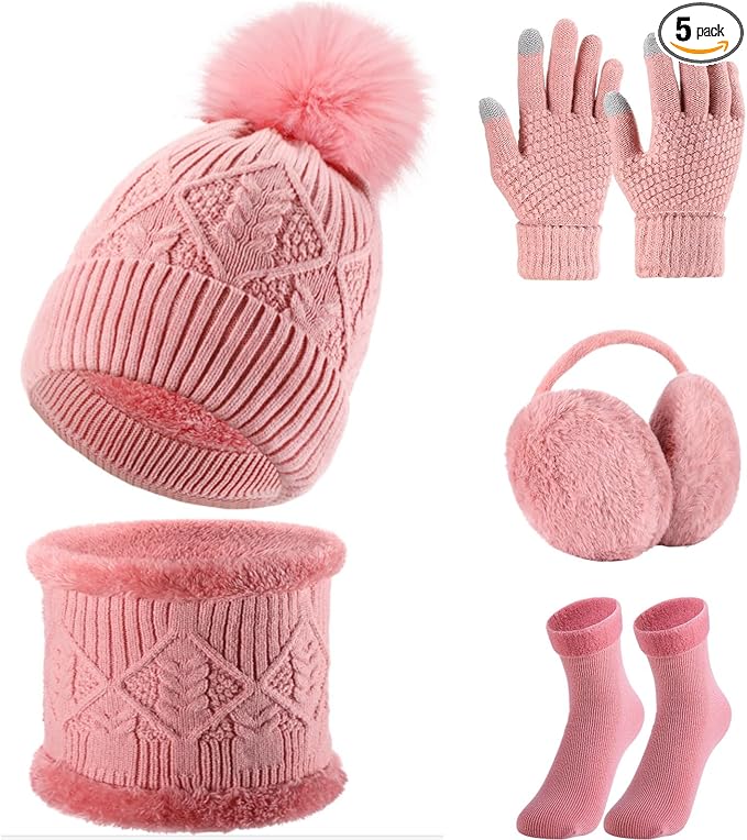 SATINIOR 5 Pcs Winter Hat Scarf Gloves Set Fleece Lined Knit Beanie Hat Warm Touch Screen Gloves Earmuff Warmer for Women(Pink,Chic Style)
