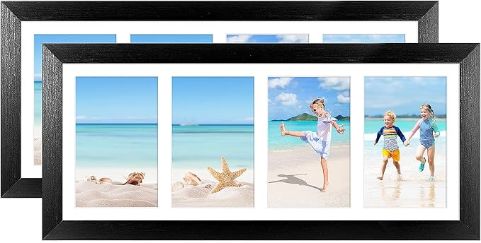 7x17 Collage frame with 4 Openings 4X6 Pictures, Multiple Picture Frame with Mat, Wall or Tabletop Decor, Black Wood Grain,2 Pack