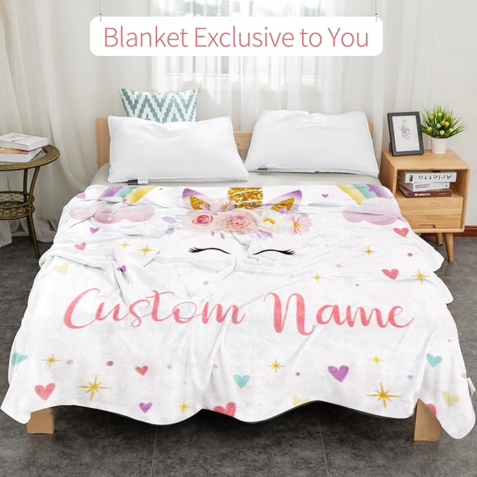 Custom Horse Blanket with Name for Girl, Personalized Name Blanket for Kids, Soft Flannel Pink Toddler Blanket Customized Gift for Birthday Christmas Baby Shower Children Day 40x50in