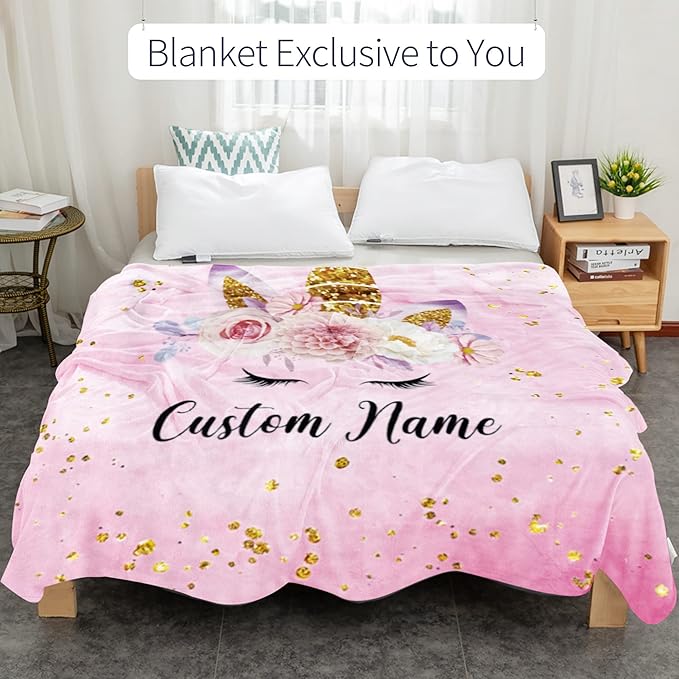 Personalized Horse Blanket with Name for Girl, Custom Name Blanket for Kids, Soft Flannel Pink Horse Toddler Blanket Customized Gift for Birthday Christmas Baby Shower Newborn Gift 60" X 80"