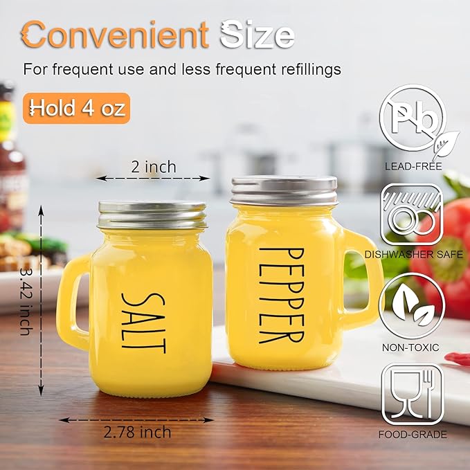 Yellow Salt and Pepper Shakers Set - Yellow Kitchen Decor and Accessories for Home Restaurants Wedding - Glass Salt and Pepper Set for Cooking Table, RV, BBQ, Easy to Clean & Refill