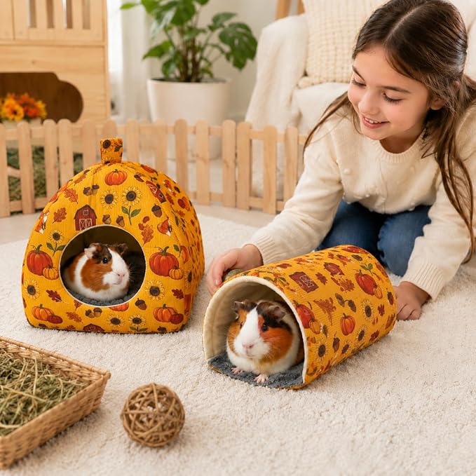 Guinea Pig Hideout Tunnel Set, 2 Pack Washable Small Animal Bed with Removable Cushion, Hamster Hideout Play Tunnel Toys for Guinea Pigs, Hamsters, Hedgehogs, Ferrets, Orange Pumpkin