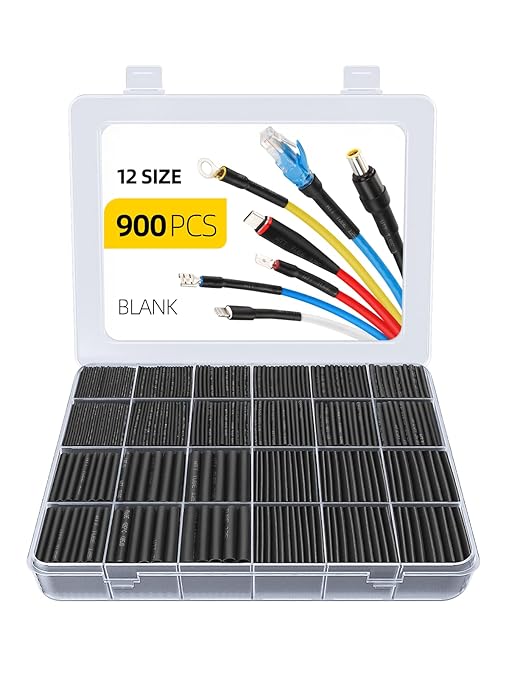 900PCS Wire Heat Shrink Tubing Kit, Industrial Heat-Shrink Tubing for Wires, 2:1 Marine Grade Heat Shrink Wrap, Premium Large Electrical Waterproof Heat Shrink Tape (Black 12 Sizes)