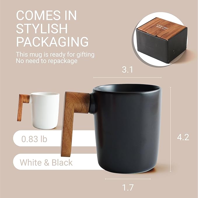 Engraved Ceramic Coffee Mug with Acacia Wood Handle & Lid, 12 oz Personalized Cup for Hot and Cold Drinks, Unique Gift with Stylish Packaging - Black
