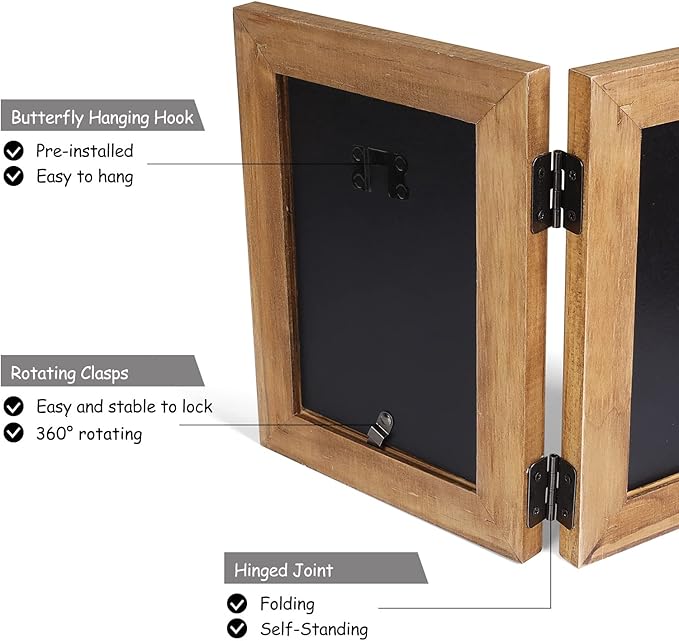 5X7 Double Wooden Hinged Picture Frame Horizontal and Vertical in Distressed Farmhouse Wood Grain, Display 4x6 with Mat or 5x7 without Mat, Folding Photo Frame with Real Glass Front for
