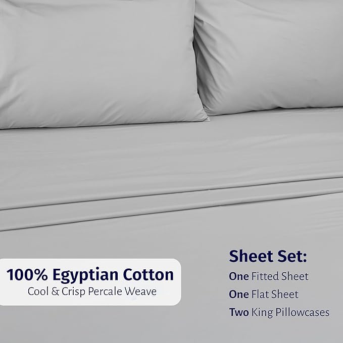 California Design Den Certified 100% Egyptian Cotton Sheets Cal King Size Set - Percale Sheet Set with Deep Pockets, Lightweight, Crisp, Cool & Durable Luxury Bedding - Light Grey