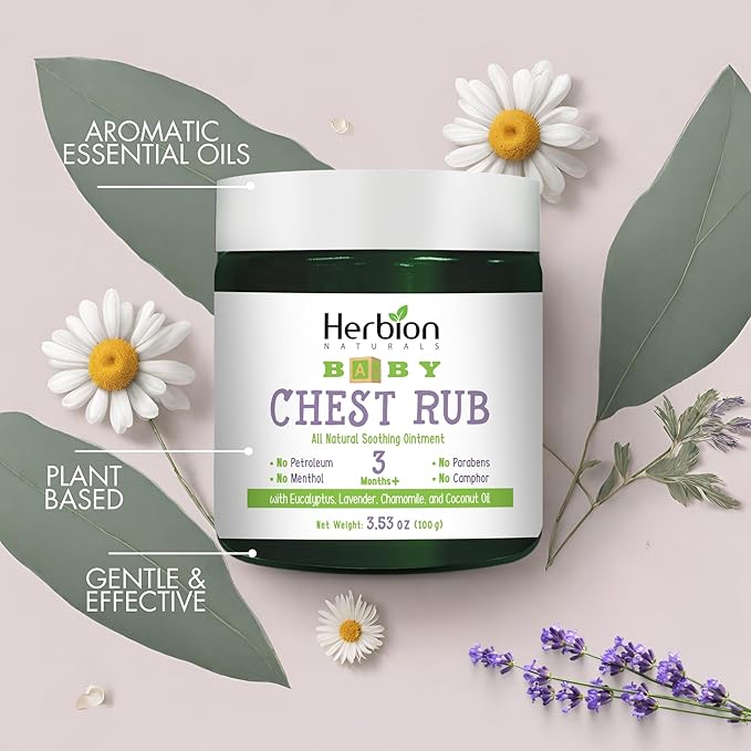 HERBION Naturals Baby Chest Rub, Ages 3 Months+, All-Natural Soothing Ointment with Coconut Oil, Eucalyptus, Lavender, Chamomile, Shea Butter, Petroleum & Menthol-Free, Non-GMO, 3.53 Oz, Pack of 1