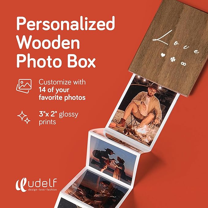 Udelf Modern Wooden Accordion Photo Box Gift - Customized Keepsake for Lovers - Holds 14 Photos - 3.5" x 2.75" x 1.75"