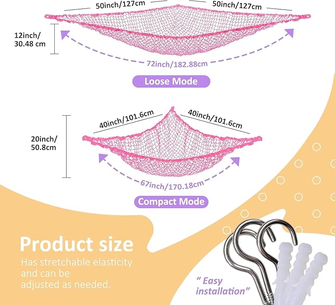 Lazebox Stuffed Animal Net Hammock for Plushie Toys, Stuffed Animal Hammock Corner for Kids' Room Decor, Ideas for Organizing Stuffy Collection, 2 Pack, Pink