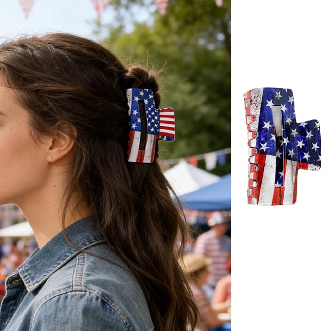 1Pc July 4th Hair Clips Acetate Patriotic Hair Claw Clips Blue American Flag Design Non-Slip Jaw Barrettes Fashion Styling Red White and Blue Hair Accessories Gift for Women Girls Thick Thin Hair