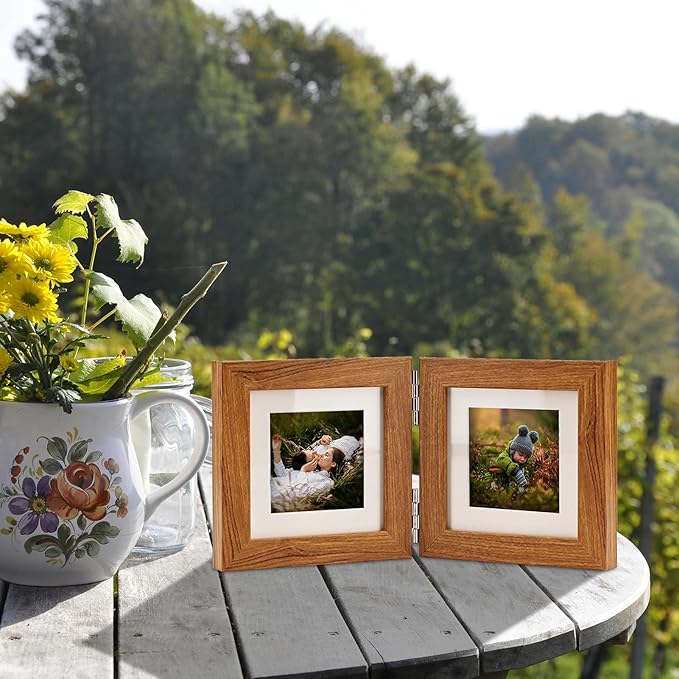 Double Hinged 4x4 Picture Frame with Real Glass-Tabletop or Wall Mounted, Display for 3x3 & 4x4 Photos (with/without Mat)-Rustic Brown, For Family Photos & Wedding Memories-Z44X2