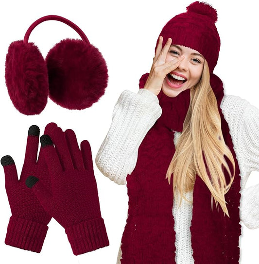 JenPen 4 Pcs Winter Hat Scarf and Gloves Set for Women Include Ear Cover Cold Weather Scarf Hat Knit Beanie Gloves