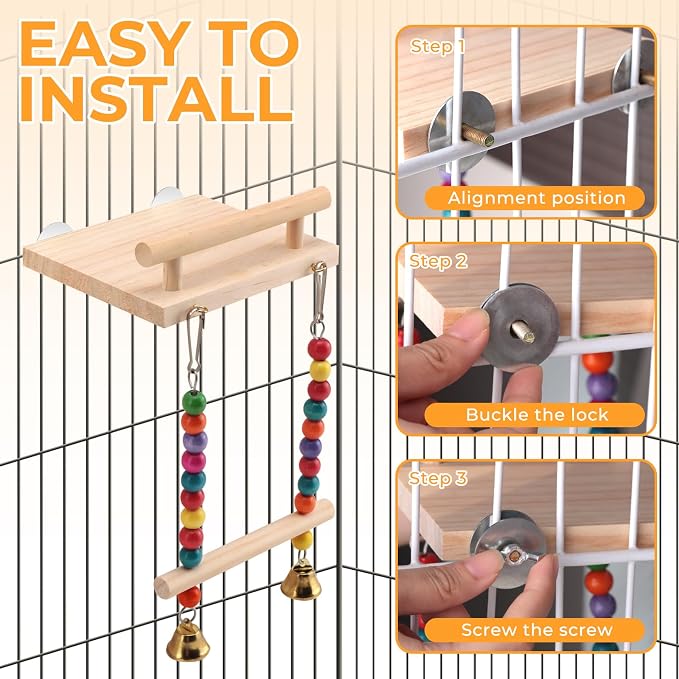Natural Wood Bird Swing & Perch Platform for Cage | Fits Small Parrots (Budgies, Cockatiels) | Multi-Level Habitat Gym for Swaying & Hopping | Tool-Free Mount