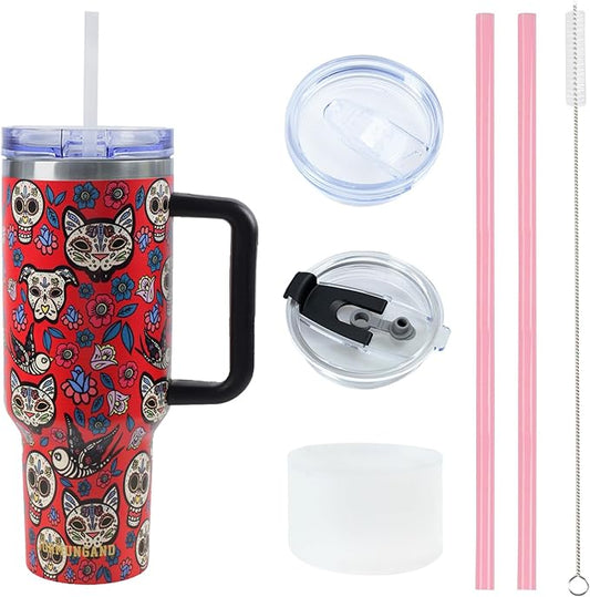 Jormungand 40 oz Tumbler with Handle and Straw, Vacuum Insulated Stainless Steel Cup & Water Bottle, Leakproof Lid, BPA-Free, Cup Holder Friendly for Travel, Keeps Drinks Hot & Cold Red Sugar Skull