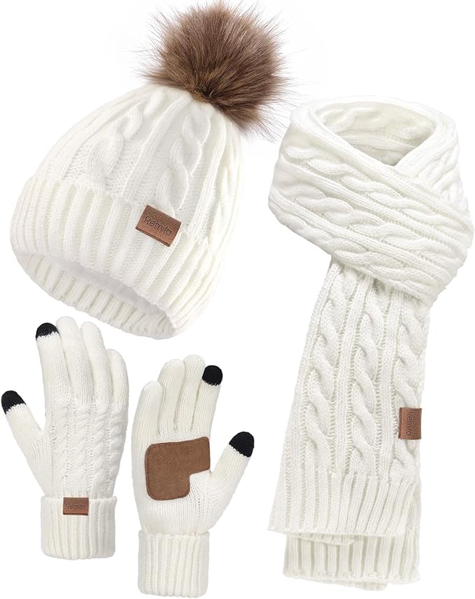Remifa Winter Hat Scarf Gloves Set for Women, 3 PCS Beanie Hat Touchscreen Glove Long Neck Kint Scarf Valentines Gifts