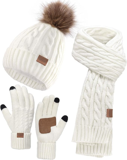 Remifa Winter Hat Scarf Gloves Set for Women, 3 PCS Beanie Hat Touchscreen Glove Long Neck Kint Scarf Valentines Gifts