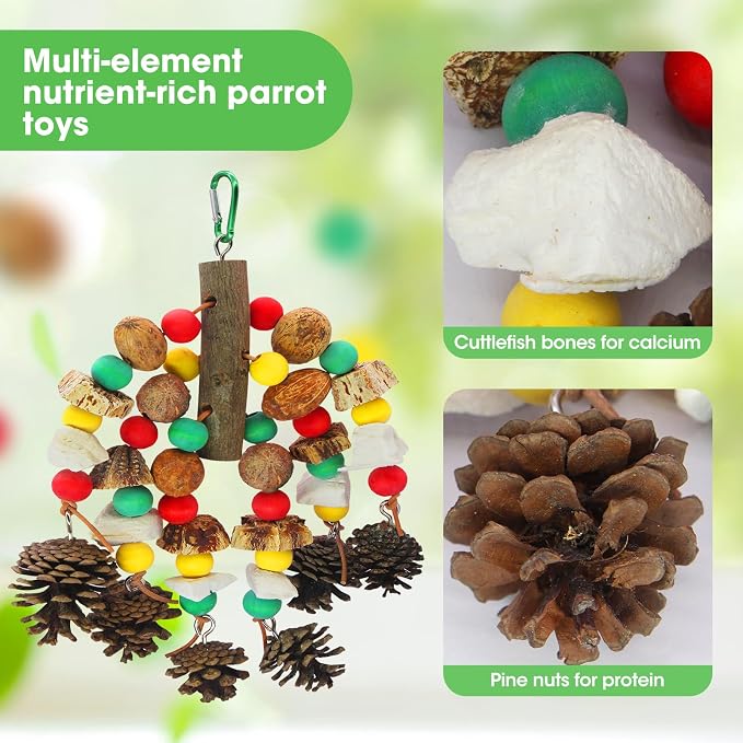 MQUPIN Parrot Toys, Nuts Nutrient-Rich Bird Toys,Natural Wooden Parrot Cage Bite Toy,Chewing Toy Containing Cuttlefish Bones,Pine Cones,Wooden Mangoes and Carambola for African Greys,Cockatoo,Budgie