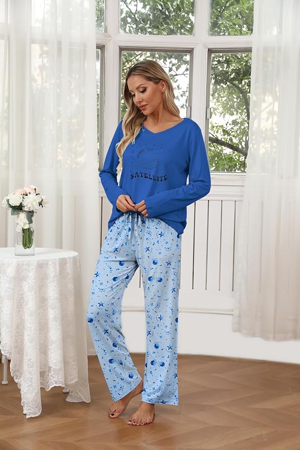 Ekouaer Womens 2 Pack Pajama Set Long Sleeve Pajamas Top and Pants V Neck Pjs Set Soft Loungewear with Pockets