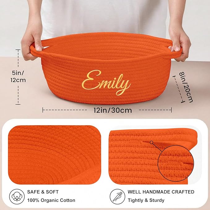 HUTARIO Personalized Woven Halloween Boo Basket Embroidered Name with Gift Bags and Ribbons,Empty Small Rope Basket，Durable Storage Custom Orange Basket with Handles for Baby Showers or Christmas