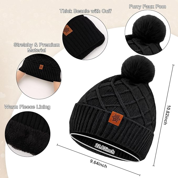 YARIEW Winter Hat Neck Warmer and Gloves Set for Women, Warm Knitted Beanie with Pom Pom, Soft Ear Warmer Scarf, Warm Gloves
