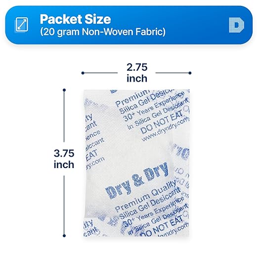Dry & Dry 20 Gram Silica Gel Packets - 800 Rechargeable Fabric Silica Packs, Desiccant Packs for Storage