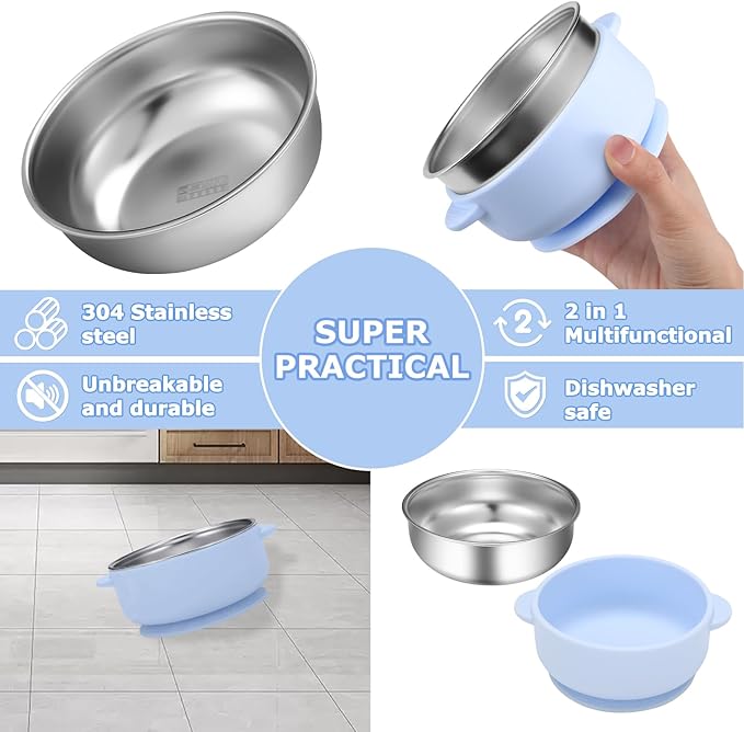 2 Pack Stainless Steel Baby Bowls with Removable Non-Slip Silicone Suction Shell and Lids, Anti Scald Food Container for Baby Food Feeding-Skyblue & Gray