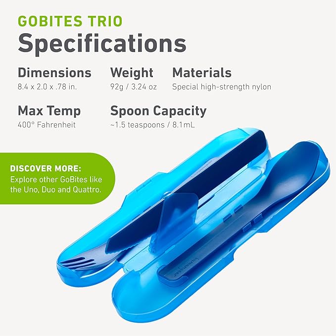 humangear GoBites Trio | Travel & Camping Utensils | Portable & Convertible Dining Ware | Multi-Functional Spork & Knife, Blue