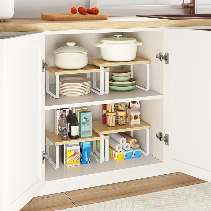 HOOBRO Spice Rack Set of 2, Kitchen Counter Organizer, Kitchen Storage, Cabinet Organizer Shelf, Nest, Stackable, Side-by-Side & L-Shape for Cabinet, Kitchen, Natural and White WN33TL01