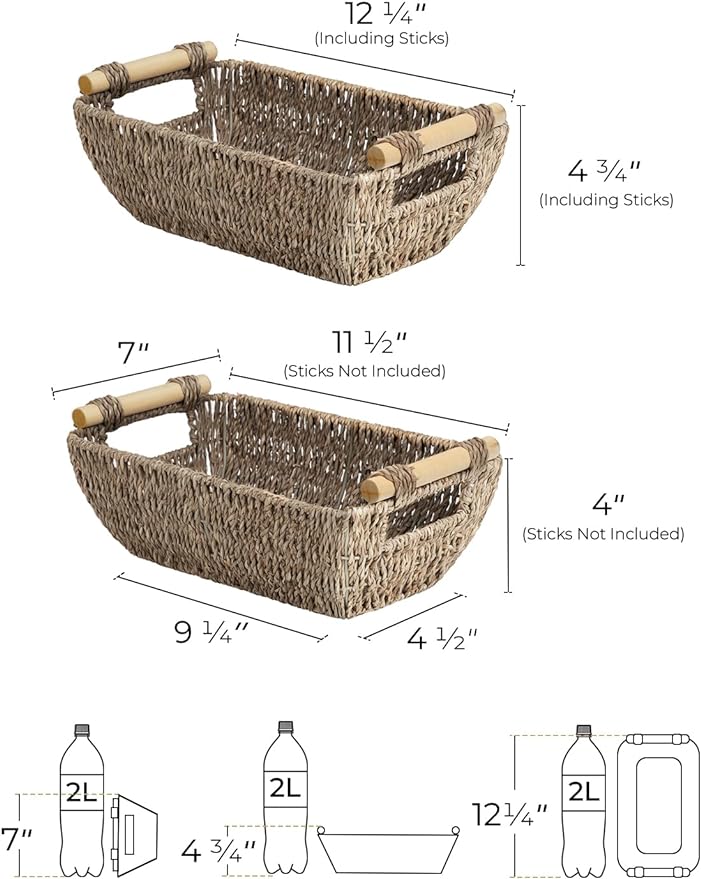 StorageWorks Small Baskets for Bathroom, Seagrass Woven Basket with Wooden Handles for Gifts, 2-Pack