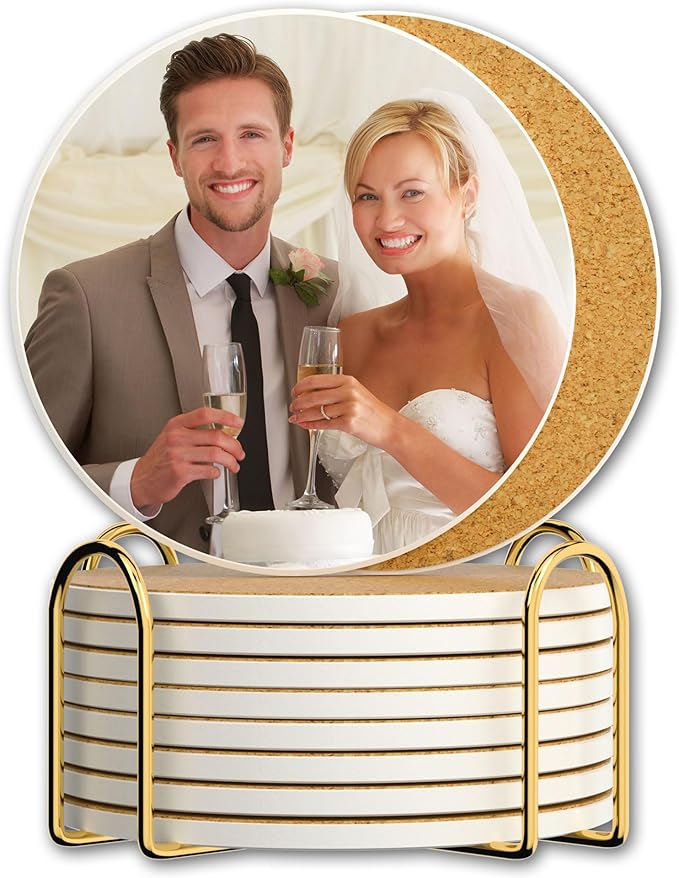 Custom Coasters, Personalized Ceramic Drink Coasters with Photo, Text or Logo – 4 Inch Round Absorbent Coaster with Cork Bottom & Holder – Gift for Home, Wedding, Bar, Coffee (Round Version)