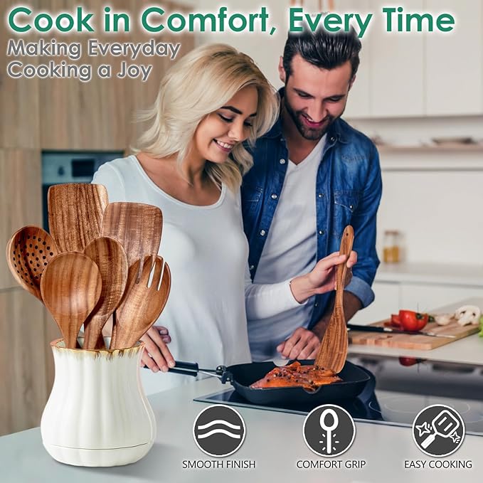 Wooden Spoons for Cooking, 6-Piece Natural Teak Wood Cooking Utensils Set – Wooden Kitchen Utensils Set with Smooth Finish Comfort Grip, Nonstick Safe Non-Toxic Wooden Cooking Tools by HOWHONG