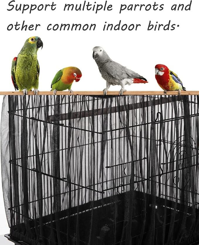 Tamu style Bird Cage Seed Catcher, Large, Stretchy Form Fitting Mesh Skirt Cover for Parrot Enclosures, Light and Breathable Fabric, Prevent Scatter and Mess, Reusable,Adjustable, Lightweight,Black | Stretchy bird cage cover with nylon netting; breatha...