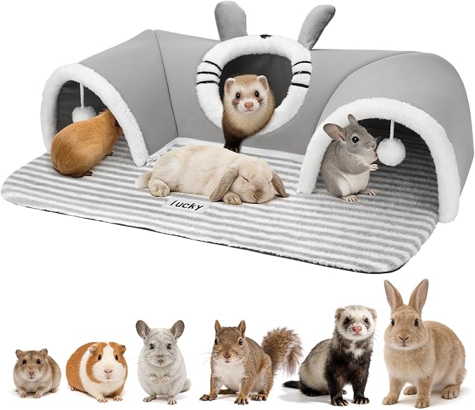 YUEPET 3-Way Bunny Tunnel Bed, Rabbit Tunnel for Indoor, Bunny Play Tunnel | Cozy Bunny Bed, Washable Rabbit Tunnels for Indoor Bunnies, With Removable Cushion, Anti-Slip Base, 29.5 x 21.7 in, Grey