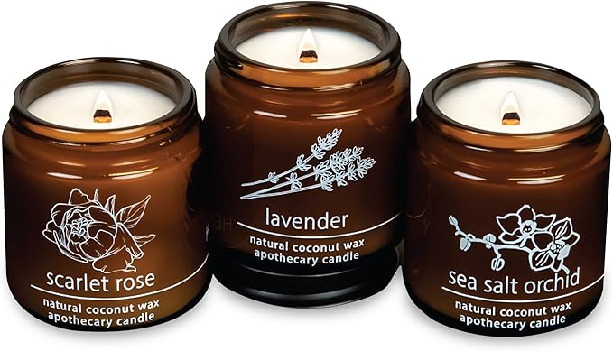 Hemlock Park Apothecary Wood Wick Candle Trio | Gift Set of Three 4 oz Candles Handcrafted with Natural Coconut Wax (Garden | Lavender, Scarlet Rose, Sea Salt Orchid)