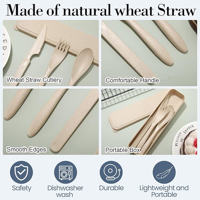 Yahenda 28 Sets Reusable Travel Utensils Set with Case Wheat Straw Cutlery Portable Spoon Knife Fork Tableware Lunch Box Accessories Bulk for Adult Travel Picnic Camping Utensil Gifts(Assorted Colors)