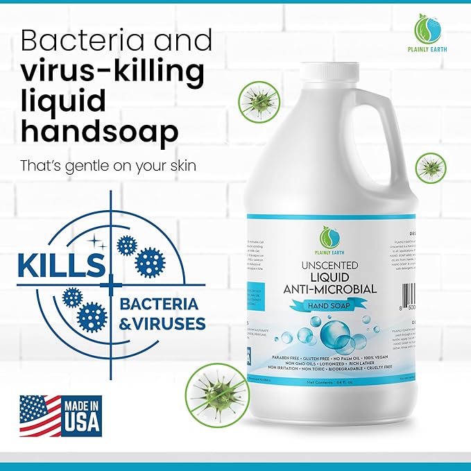 AntiMicrobial Hand Soap, 64 oz Bulk Refill - Antibacterial Hand Soap, Gentle, Moisturizing Hand Soap for Kitchen and Bathroom - Unscented