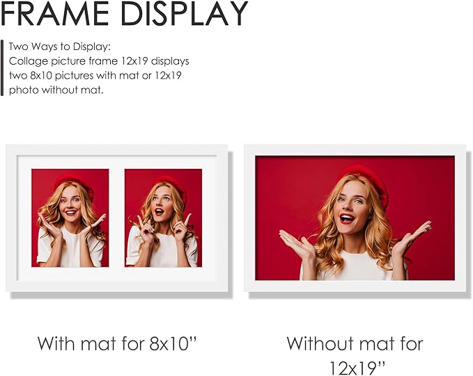 12x19 Double Picture Frame 8x10 Displays Two 8x10 inch Photos Collage Available Horizontal Wall Mounting Display and Vertical White